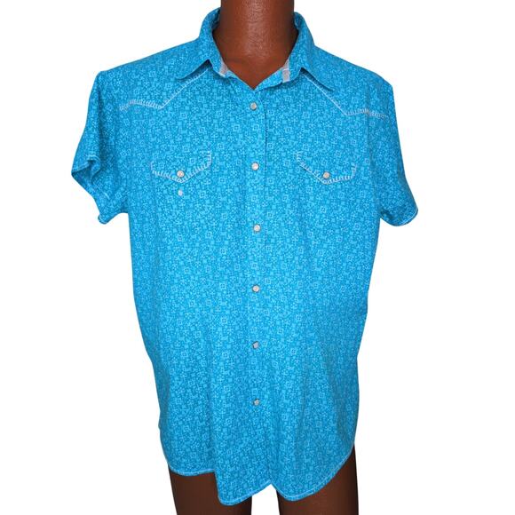 Panhandle Slim Western Shirt Pearl Snap Men XXL Short Sleeve Blue Pockets Rodeo
